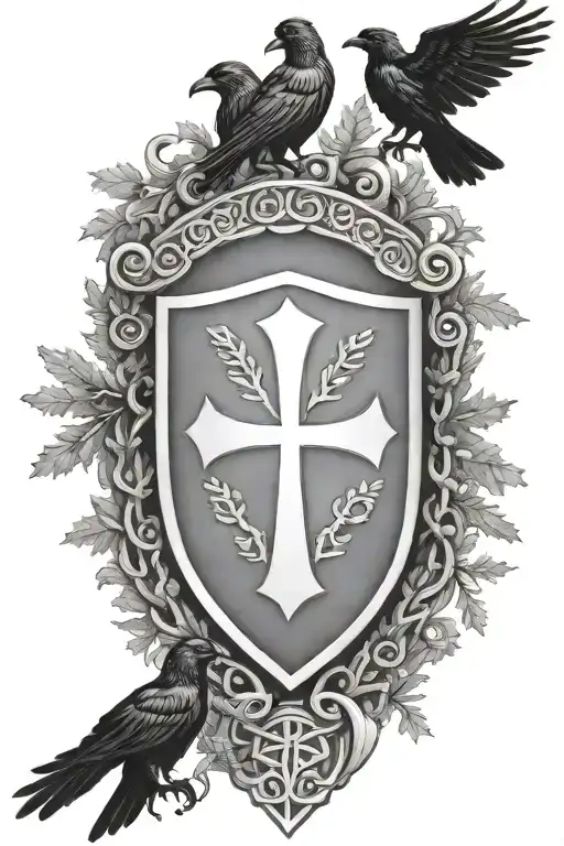 Rooker Family Crest with a celtic cross in a circle as a shield surrounded by cedar trees with  6 Crows - Variation 2