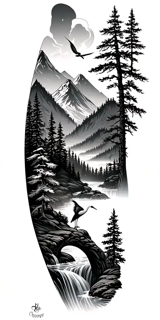 mountain, flowing rive,  pine trees, and a crane - Variation 2
