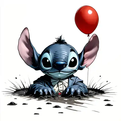 Concept: Stitch peeking out of a sewer, red balloon in one, dressed as pennywise looking like stitch - Variation 1