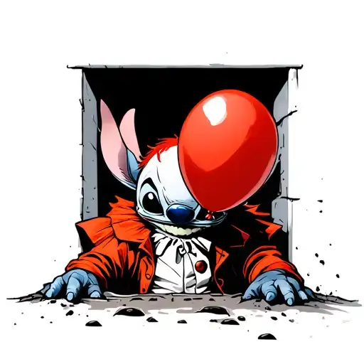 Concept: Stitch peeking out of a sewer, red balloon in one, dressed as pennywise looking like stitch - Variation 2