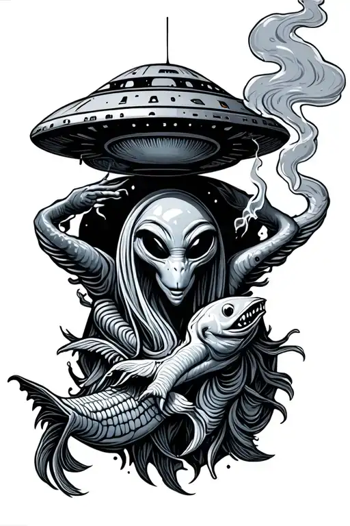 Pisces aliens smoking joint flying ufo - Variation 2