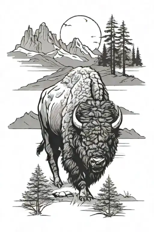 bison with trees and mountains in the background black and white