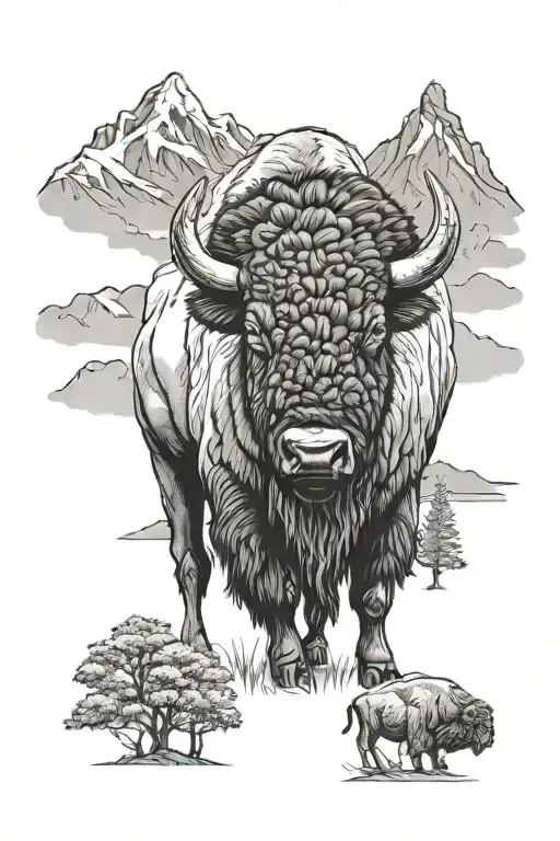bison with trees and mountains in the background black and white - Variation 2