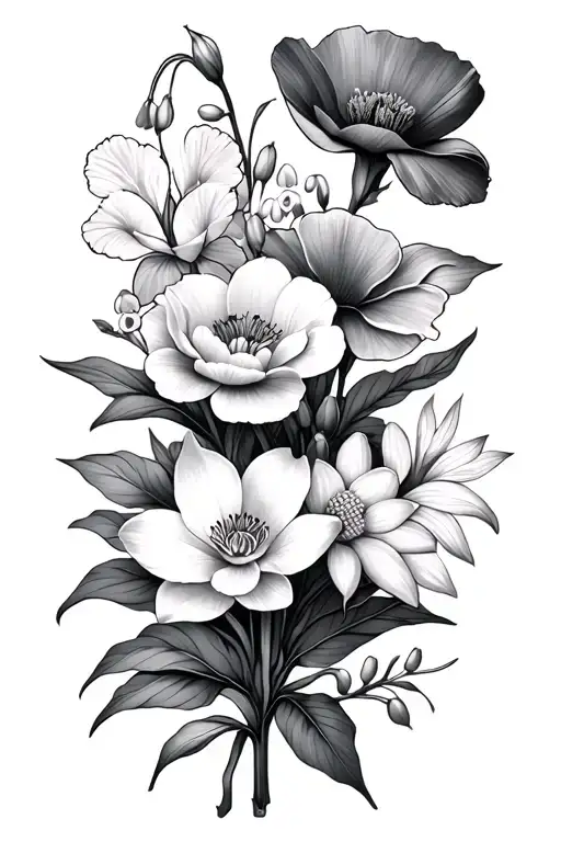 one of each of these flowers: daffodil, poppy, Lilly of the valley, carnation, water Lilly, and another carnation.