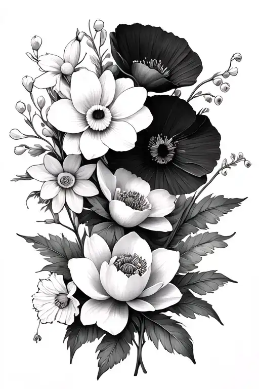 one of each of these flowers: daffodil, poppy, Lilly of the valley,  carnation, water Lilly, and another carnation. - Variation 2