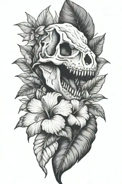 tropical leaves and hibiscus with T Rex skull