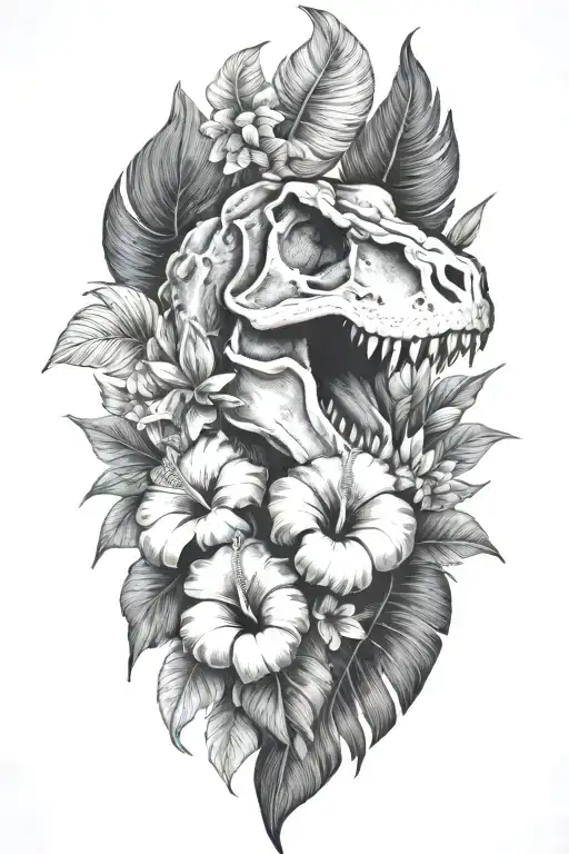 tropical leaves and hibiscus with T Rex skull - Variation 2