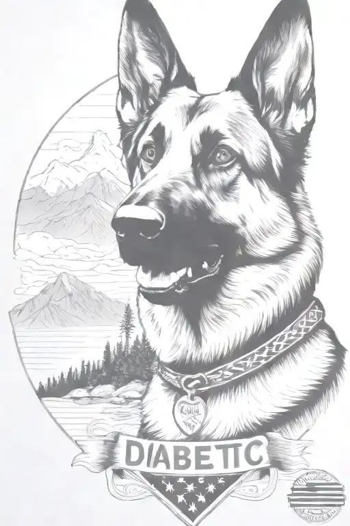 German shepherd portrait saying "diabetic" mountain scene American flag intertwined - Variation 3