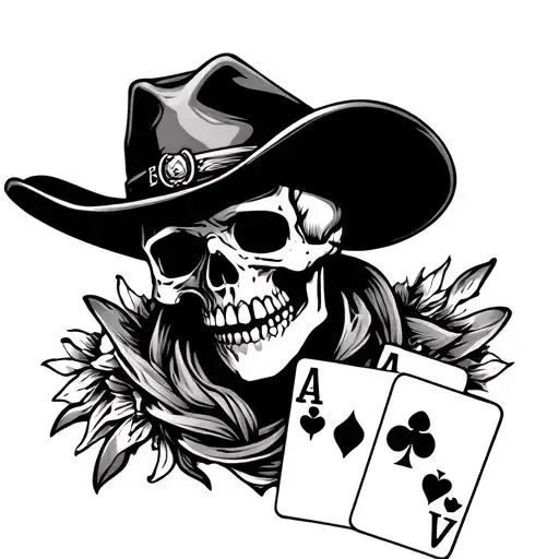 skull with cowboy hat holding cards. 10 of hearts, jack of diamonds, and 4 of clubs