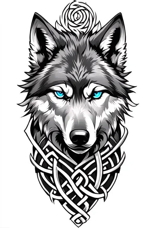 wolf with blue eyes on armor tattoo design featuring Celtic trinity knot - Variation 7