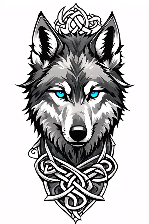 wolf with blue eyes on armor tattoo design featuring Celtic trinity knot - Variation 8