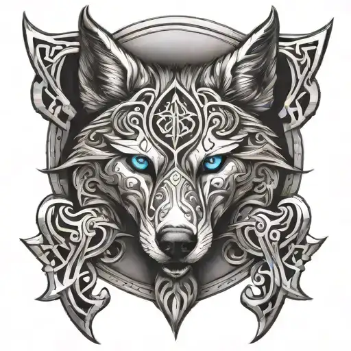 Wolf With Blue Eyes On Armor Tattoo Design Featuring Celtic Trinity Knot Tattoo with cross - Variation 2