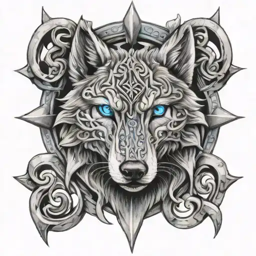Wolf With Blue Eyes On Armor Tattoo Design Featuring Celtic Trinity Knot Tattoo with cross - Variation 3