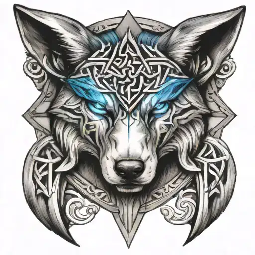 Wolf With Blue Eyes On Armor Tattoo Design Featuring Celtic Trinity Knot Tattoo with cross - Variation 4