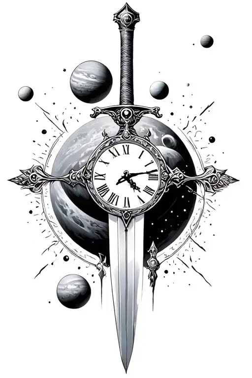 space, planets, time clock, sword