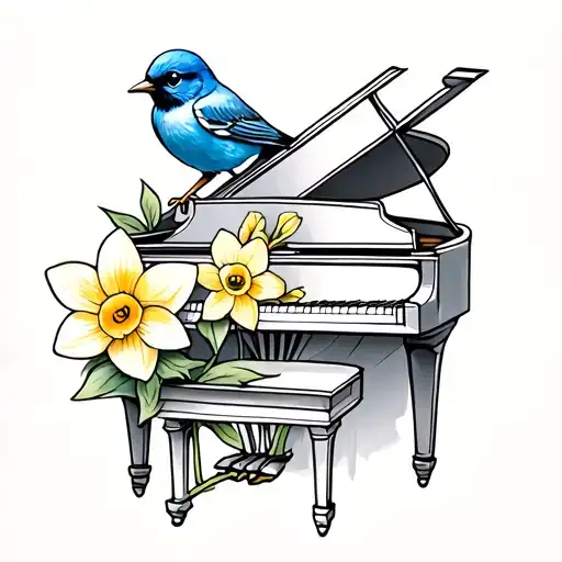 a piano, a bluebird and a daffodil