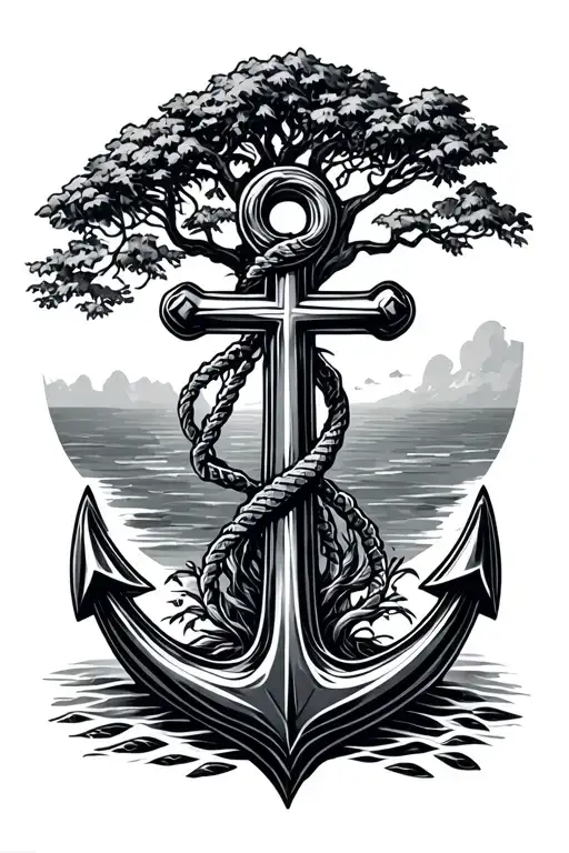 An anchor with a tree growing in the cross at the lower end.The shaft of the anchor consists of a DNAstructure.Geometric