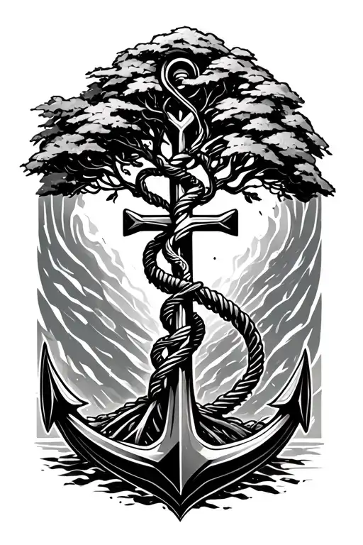 An anchor with a tree growing in the cross at the lower end.The shaft of the anchor consists of a DNAstructure.Geometric - Variation 2