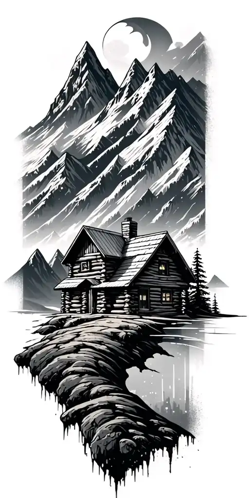 A geometric mountain landscape incorporating a log cabin