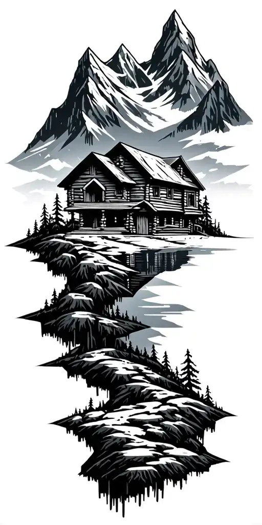 A geometric mountain landscape incorporating a log cabin - Variation 2