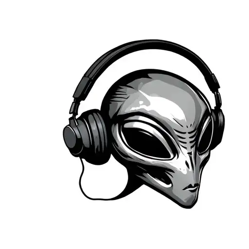 Alien head wearing headphones minimalist tattoo stencil - Variation 2