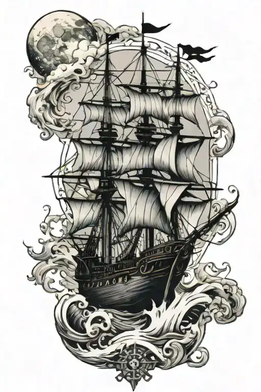 small pirate ship stormy seas compass rose falling moon 