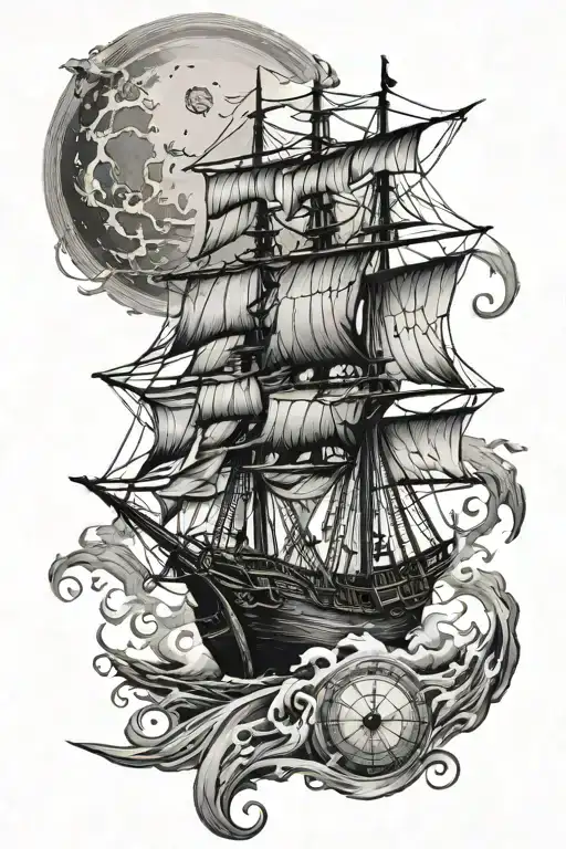 small pirate ship stormy seas compass rose falling moon  - Variation 2