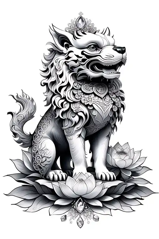 traditional foo dogs standing guard facing each other with a feminine touch and lotus and gems around them.