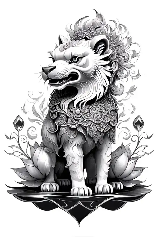 traditional foo dogs standing guard facing each other with a feminine touch and lotus and gems around them.  - Variation 2