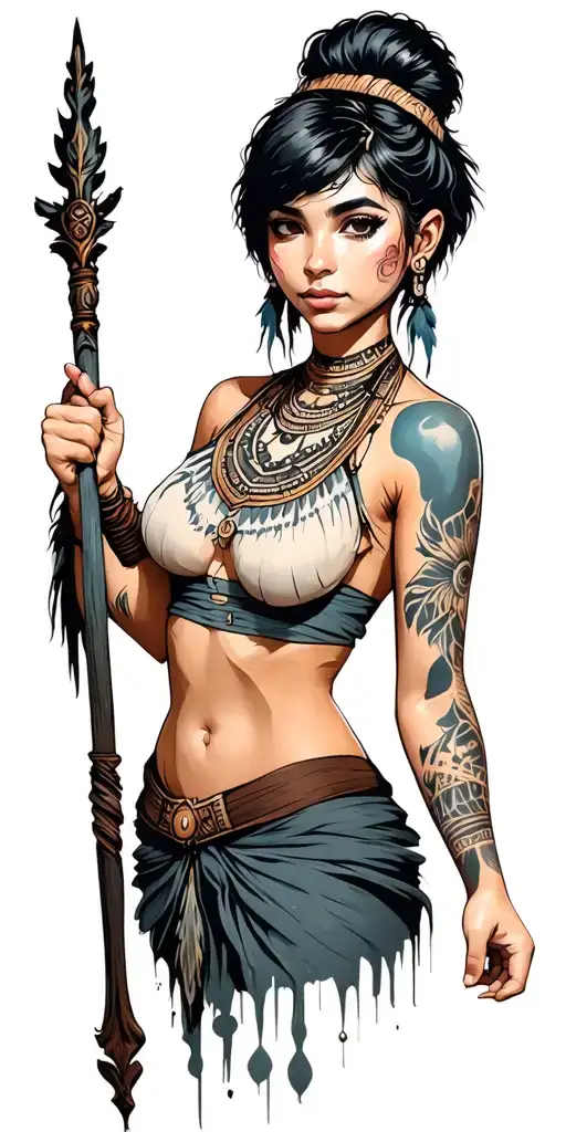 tribal girl with short hair holding staff