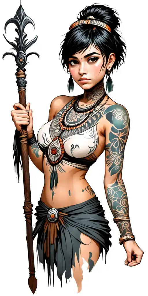 tribal girl with short hair holding staff - Variation 2