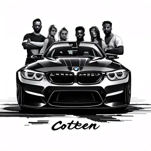 Coten's inscription against the background of the BMW car and 5 friends nearby - Variation 2