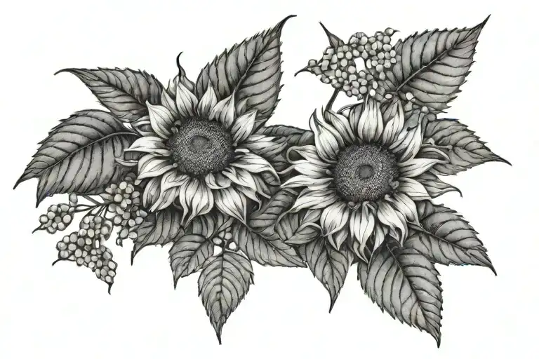 sunflowers and Viburnum Plant With