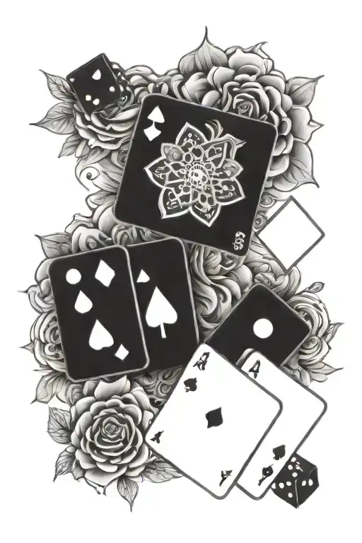 mandala, flowers, deck of cards, and dice 