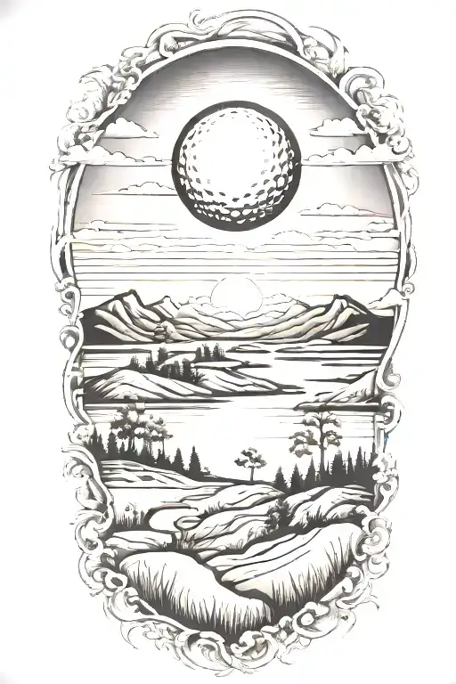 golf landscape tattoo featuring sunset sky - Variation 2