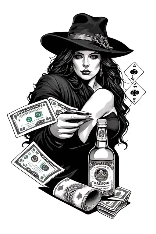 Dead mans road- a road with a woman, playing cards, bottle of wiskey and a rolled up 100$ - Variation 1