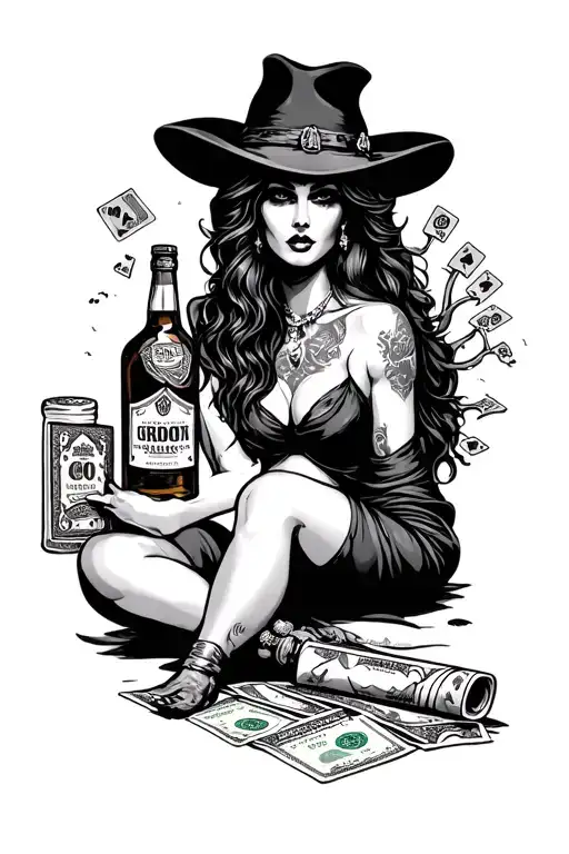 Dead mans road- a road with a woman, playing cards, bottle of wiskey and a rolled up 100$ - Variation 2