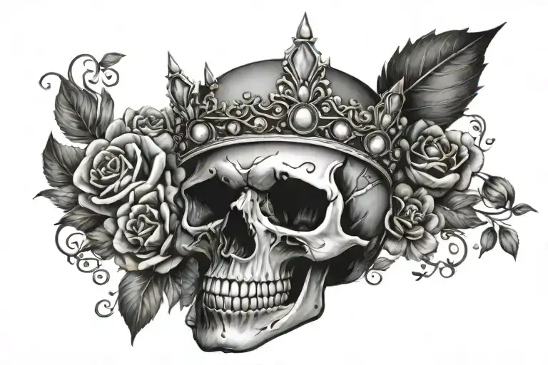 skull adorning a jeweled crown surrounded by gems and flowers