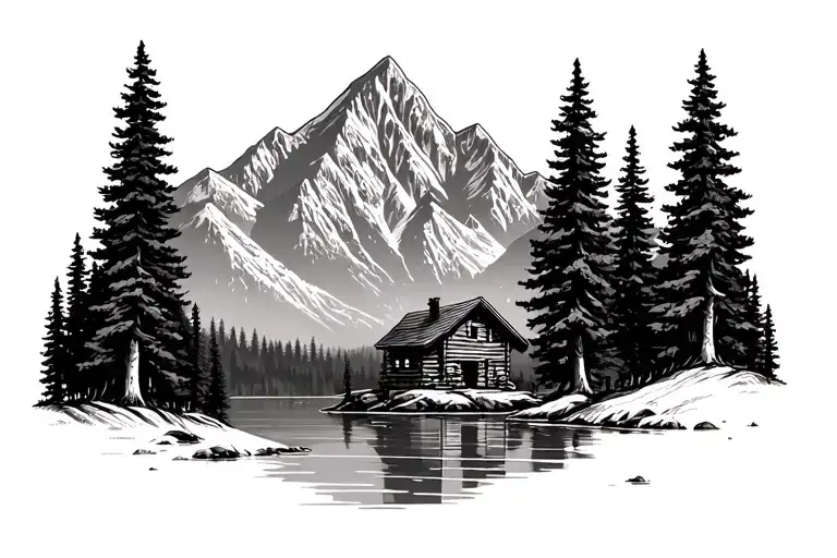 black and grey of mountains and northern trees with details of a cabin on the shore of a lake on the bottom