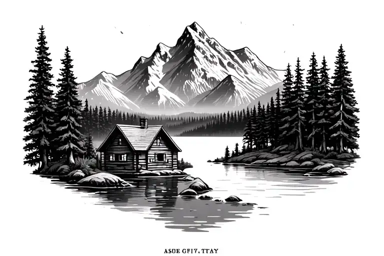 black and grey of mountains and northern trees with details of a cabin on the shore of a lake on the bottom - Variation 2