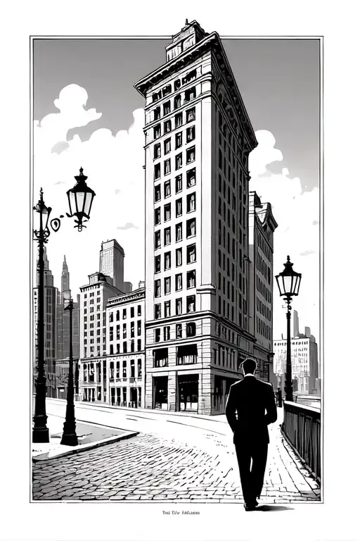 1920-30s chicago buildings on each side with a brick road throught it, lamp posts and A guy in a black suit walking away