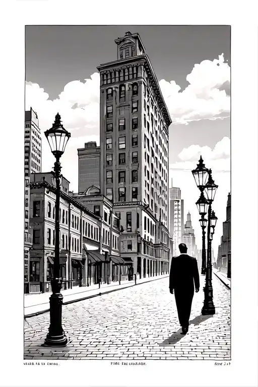 1920-30s chicago buildings on each side with a brick road throught it, lamp posts and A guy in a black suit walking away - Variation 2