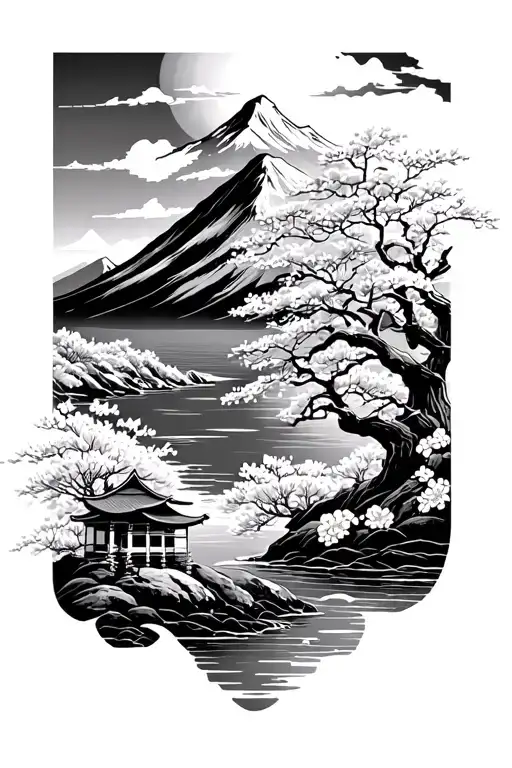 A mountain in the background with a river, sakura and a Japanese tori in the foreground