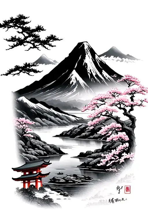 A mountain in the background with a river, sakura and a Japanese tori in the foreground - Variation 2