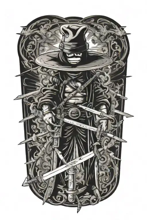 Zorro's 3 swords from One Piece with Luffy's hat on one of the hilts