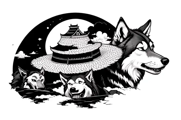 2 wolves surrounding luffy straw hat + cloud and moon, japanese castle and cherry blossom in Oda drawing style