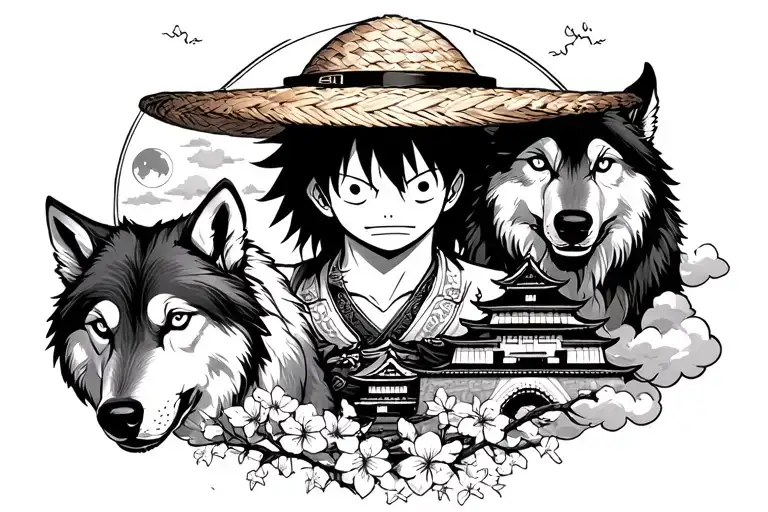 2 wolves surrounding luffy straw hat + cloud and moon, japanese castle and cherry blossom in Oda drawing style - Variation 2