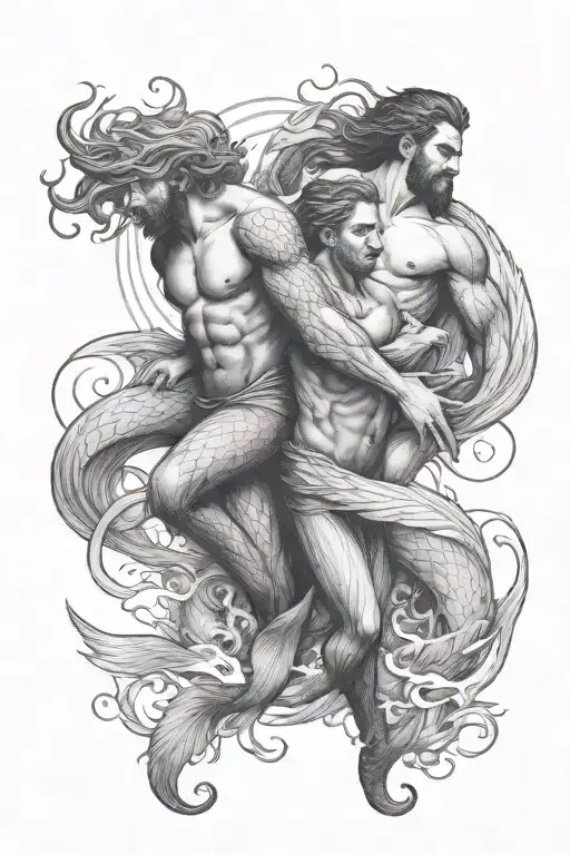 two merman protecting a man