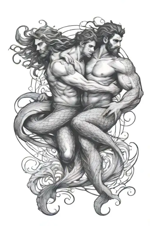 two merman protecting a man - Variation 2