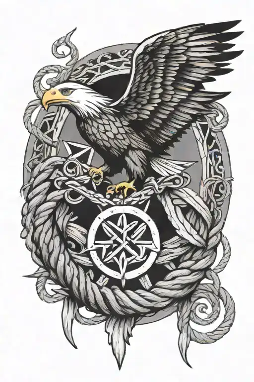 eagle with a triquetra symbol underneath it and with sailing rope intertwined